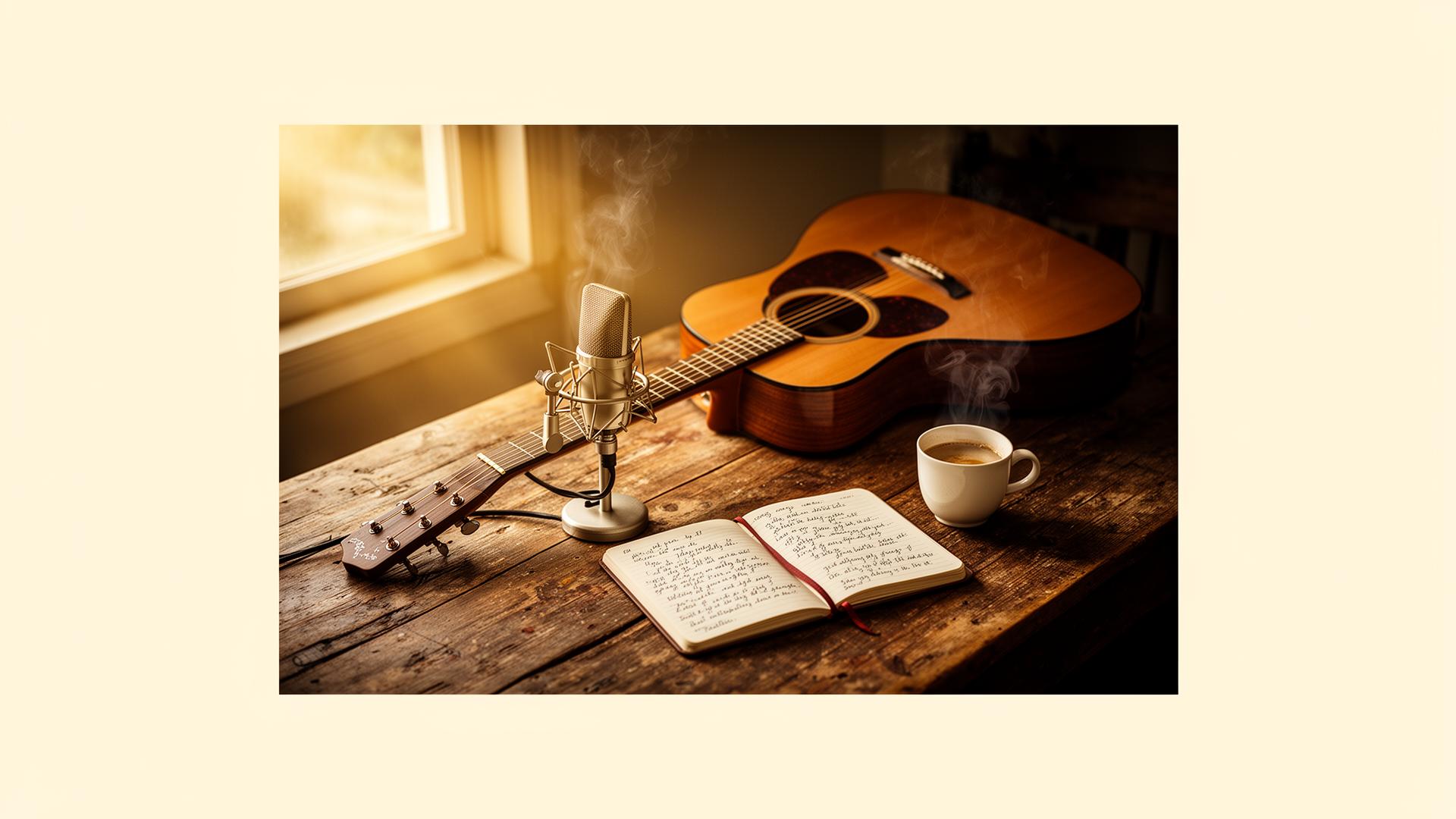 Guitarra acústica, micrófono y cuaderno de letras sobre mesa de madera